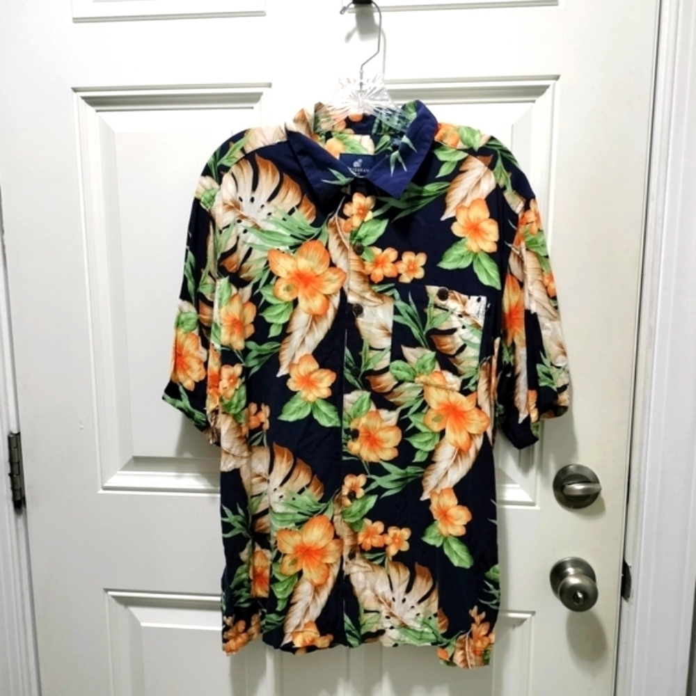 Caribbean Joe Men's Tropical Floral Button Down Shirt Navy Orange Size Large - Picture 2 of 4